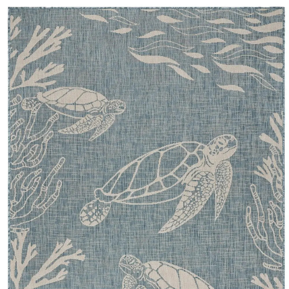 8' X 9' Teal Blue And Beige Turtle Indoor Outdoor Area Rug Homeroots Outdoor
