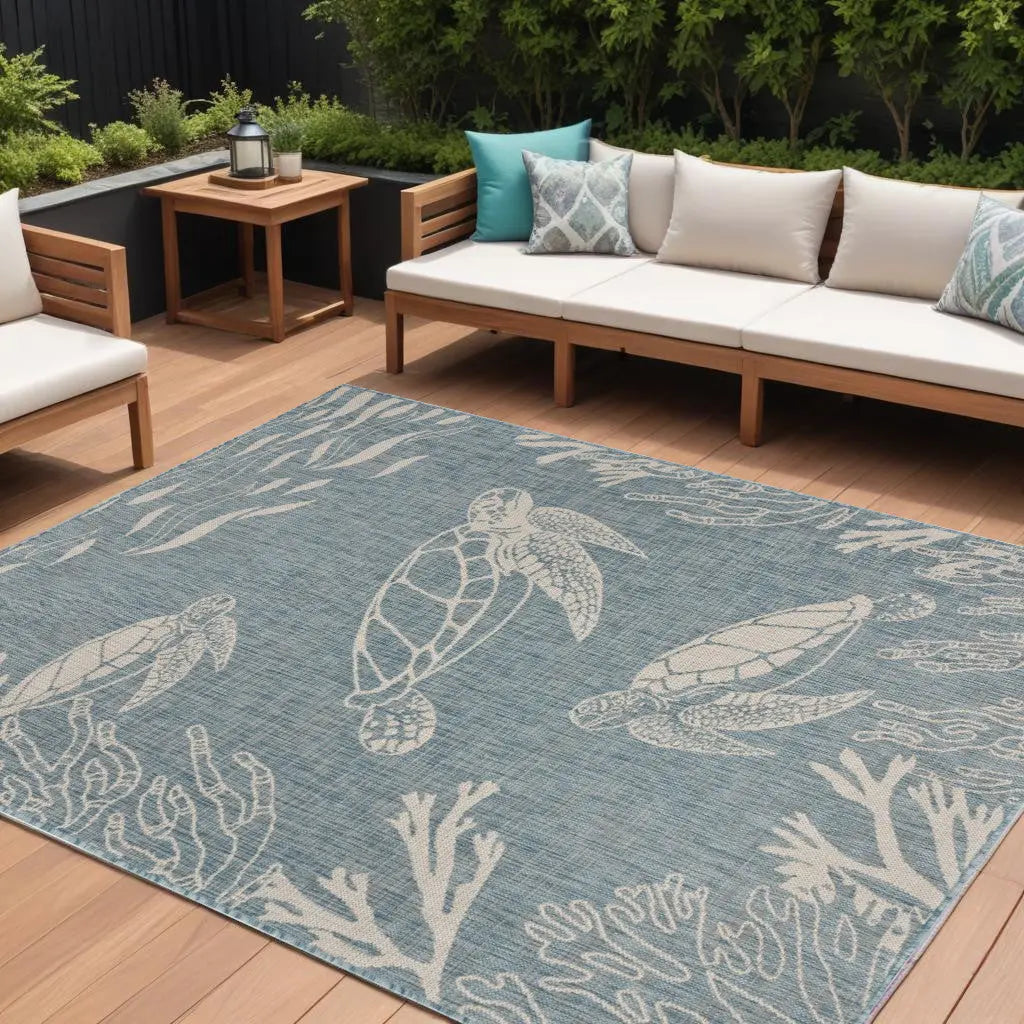 8' X 9' Teal Blue And Beige Turtle Indoor Outdoor Area Rug Homeroots Outdoor