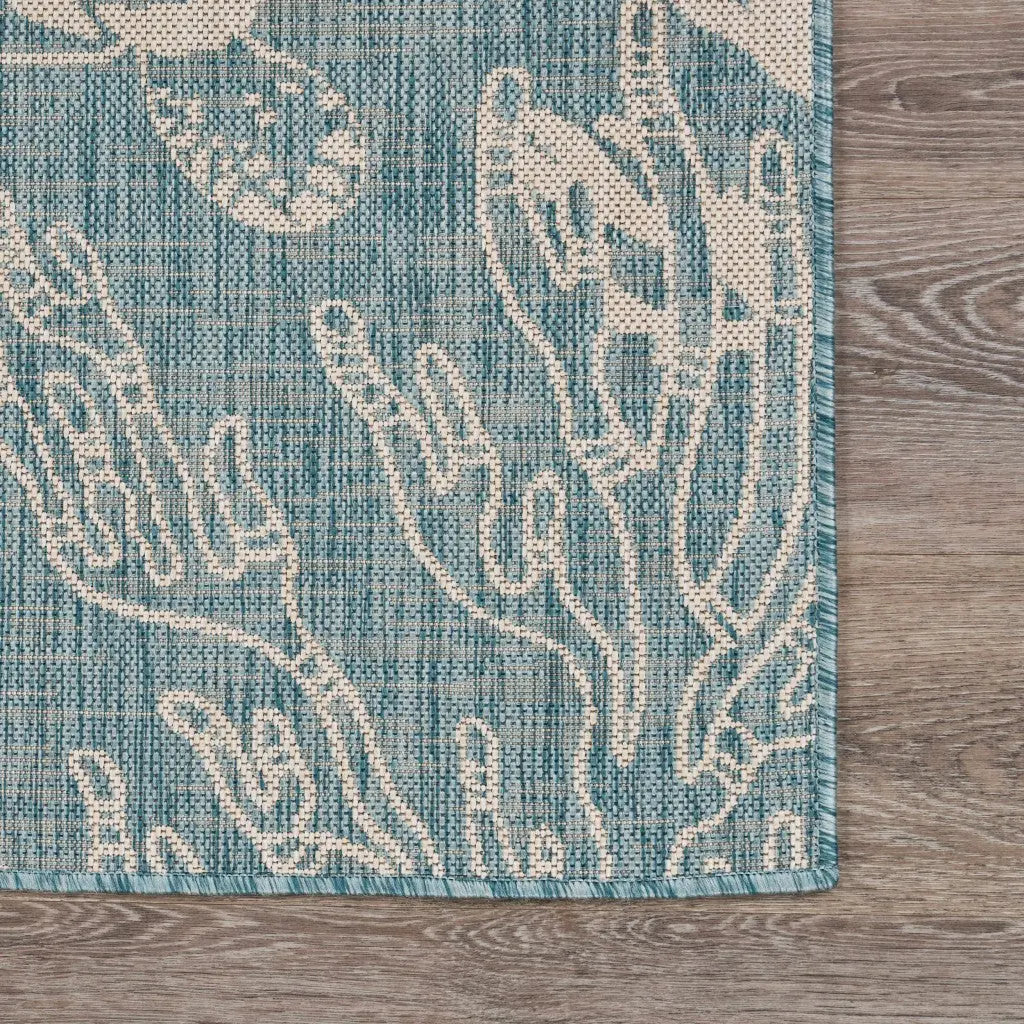 8' X 9' Teal Blue And Beige Turtle Indoor Outdoor Area Rug Homeroots Outdoor