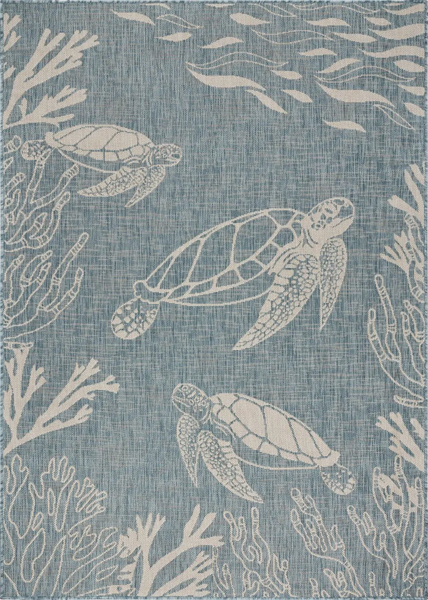 8' X 9' Teal Blue And Beige Turtle Indoor Outdoor Area Rug Homeroots Outdoor