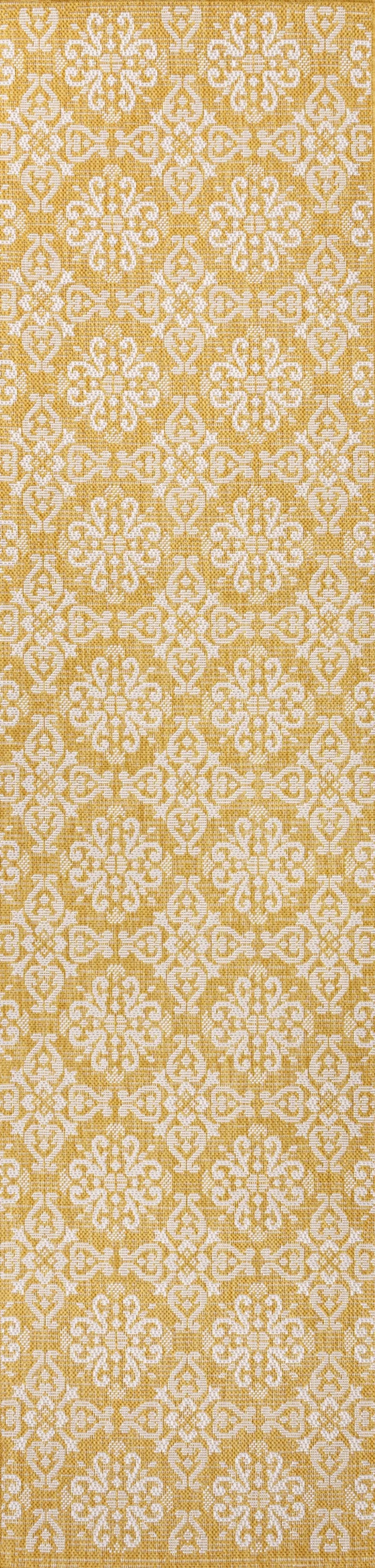 8' Yellow And Cream Floral Indoor Outdoor Runner Rug Homeroots Outdoor