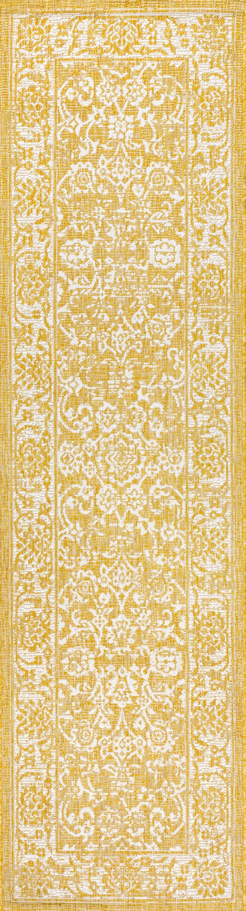 8' Yellow And Cream Medallion Indoor Outdoor Runner Rug Homeroots Outdoor