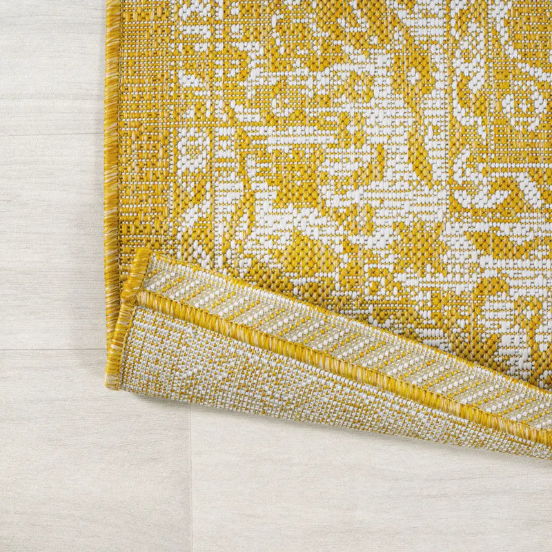 8' Yellow And Cream Medallion Indoor Outdoor Runner Rug Homeroots Outdoor