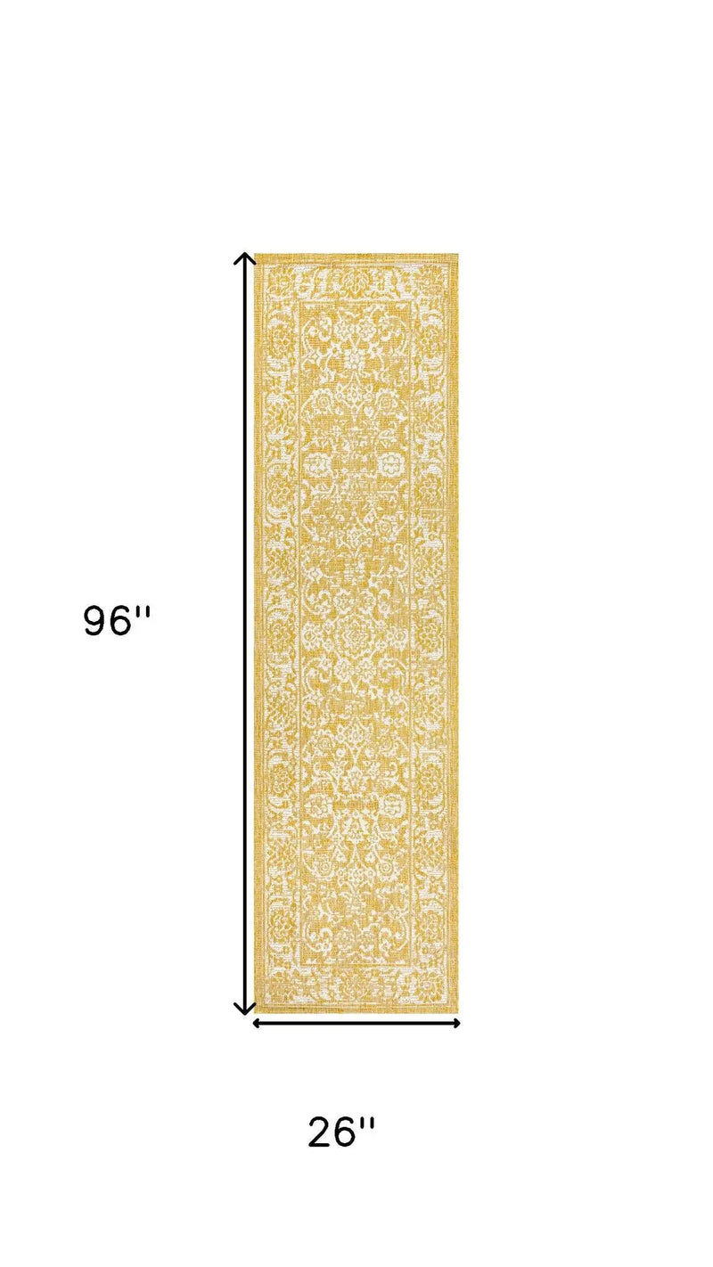 8' Yellow And Cream Medallion Indoor Outdoor Runner Rug Homeroots Outdoor