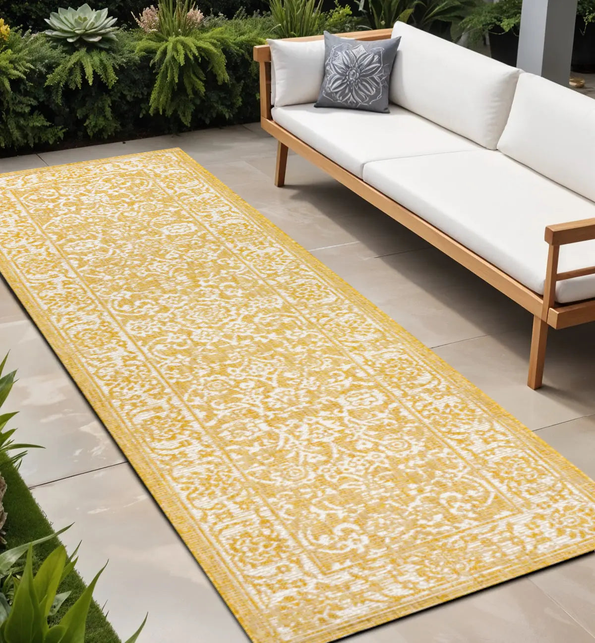 8' Yellow And Cream Medallion Indoor Outdoor Runner Rug Homeroots Outdoor
