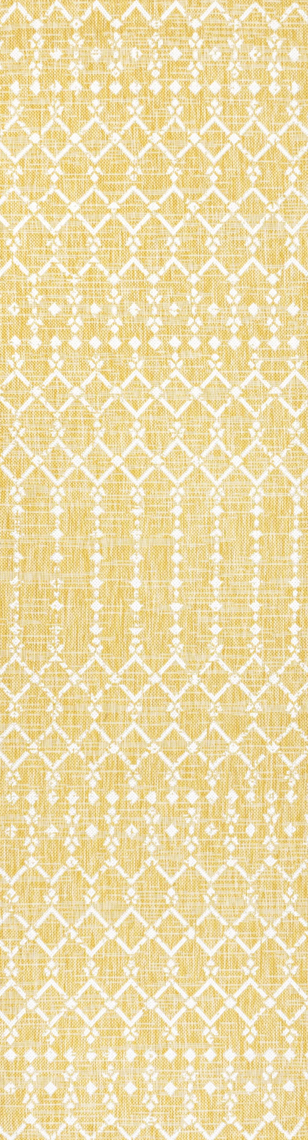 8' Yellow And Cream Trellis Indoor Outdoor Runner Rug Homeroots Outdoor