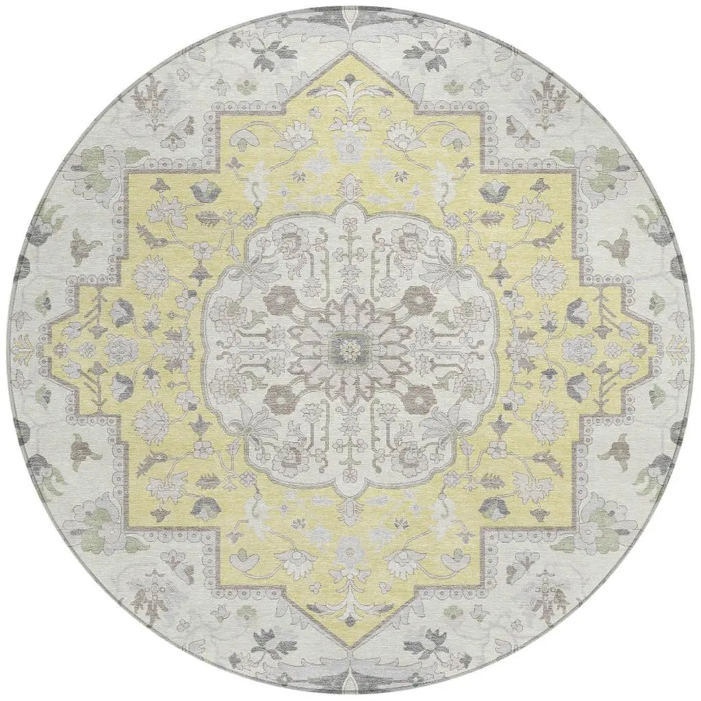 8' Yellow And Purple Round Oriental Washable Indoor Outdoor Area Rug Homeroots Outdoor