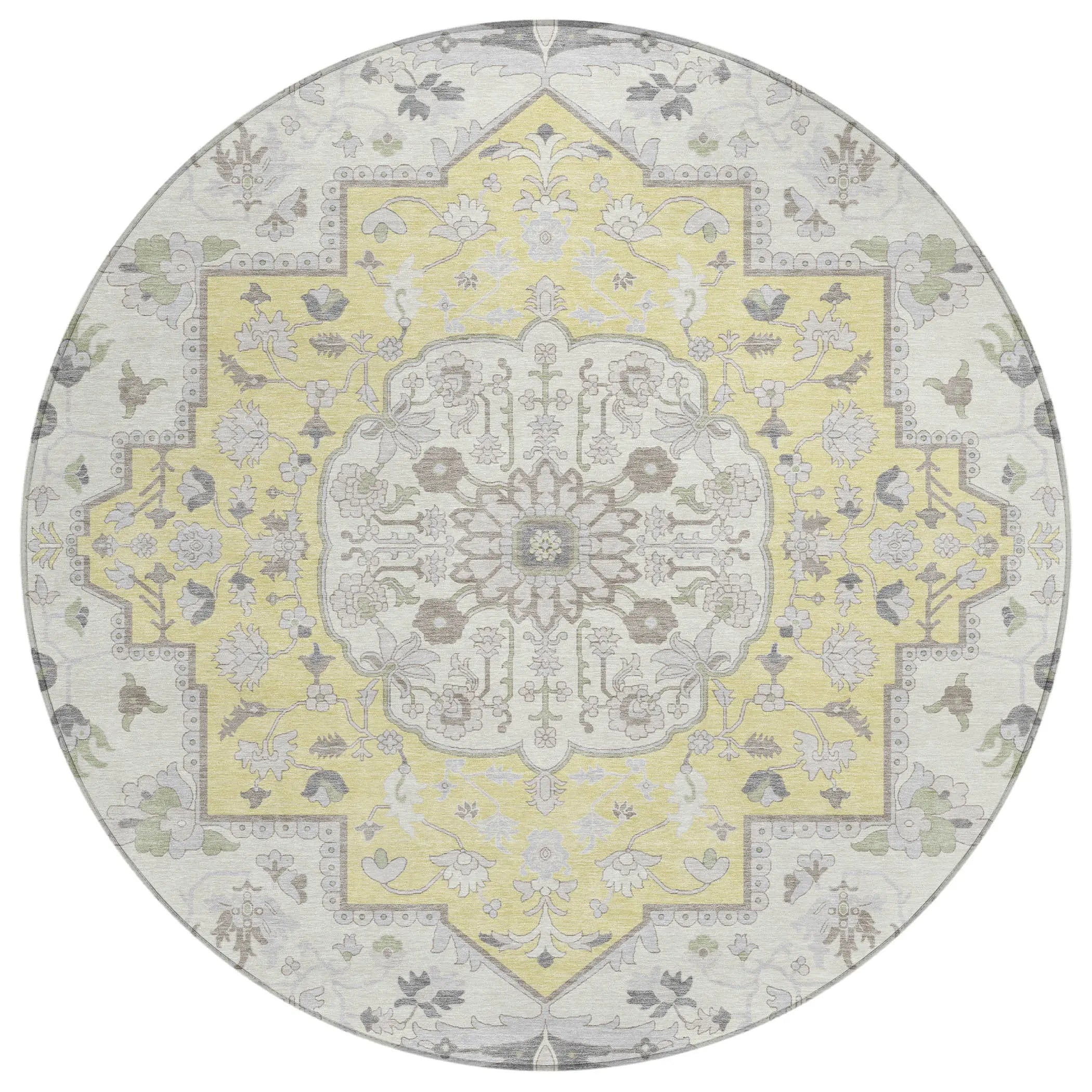 8' Yellow And Purple Round Oriental Washable Indoor Outdoor Area Rug Homeroots Outdoor