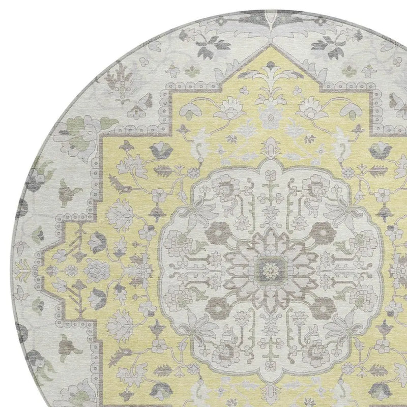 8' Yellow And Purple Round Oriental Washable Indoor Outdoor Area Rug Homeroots Outdoor