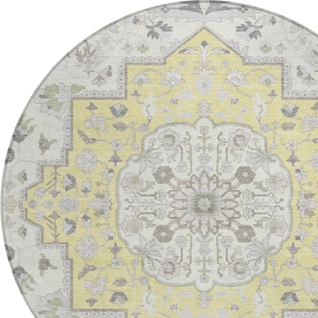 8' Yellow And Purple Round Oriental Washable Indoor Outdoor Area Rug Homeroots Outdoor