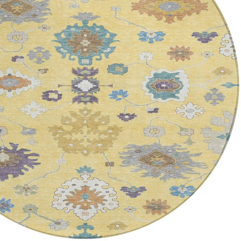 8' Yellow And Teal Blue Round Oriental Washable Indoor Outdoor Area Rug Homeroots Outdoor