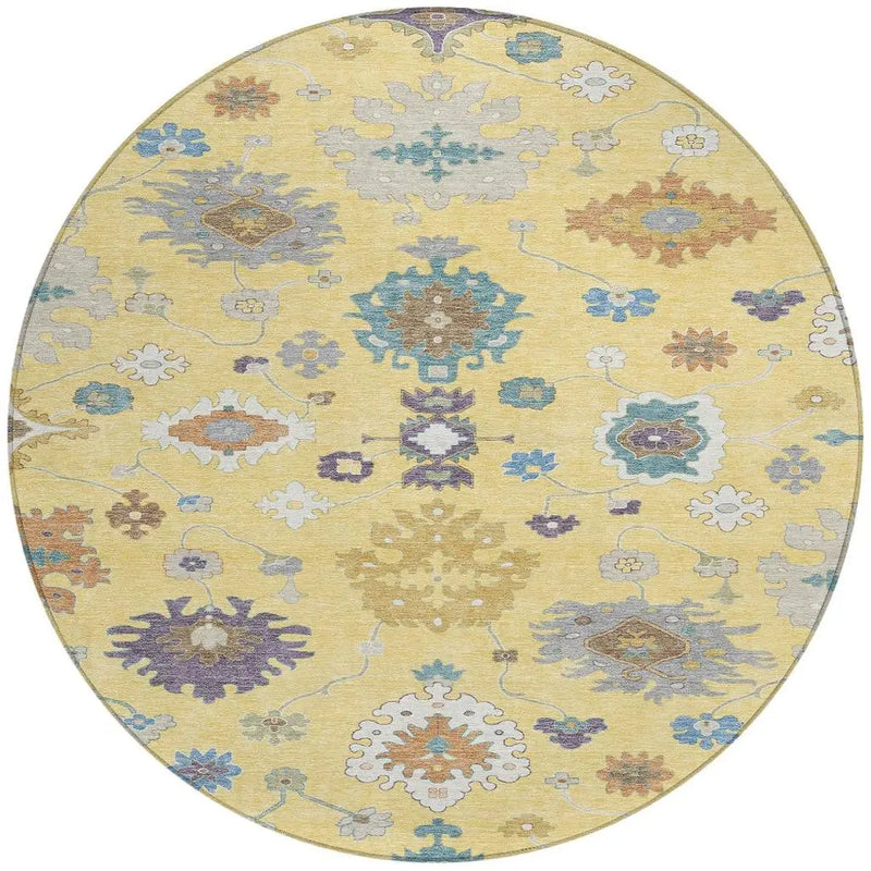 8' Yellow And Teal Blue Round Oriental Washable Indoor Outdoor Area Rug Homeroots Outdoor