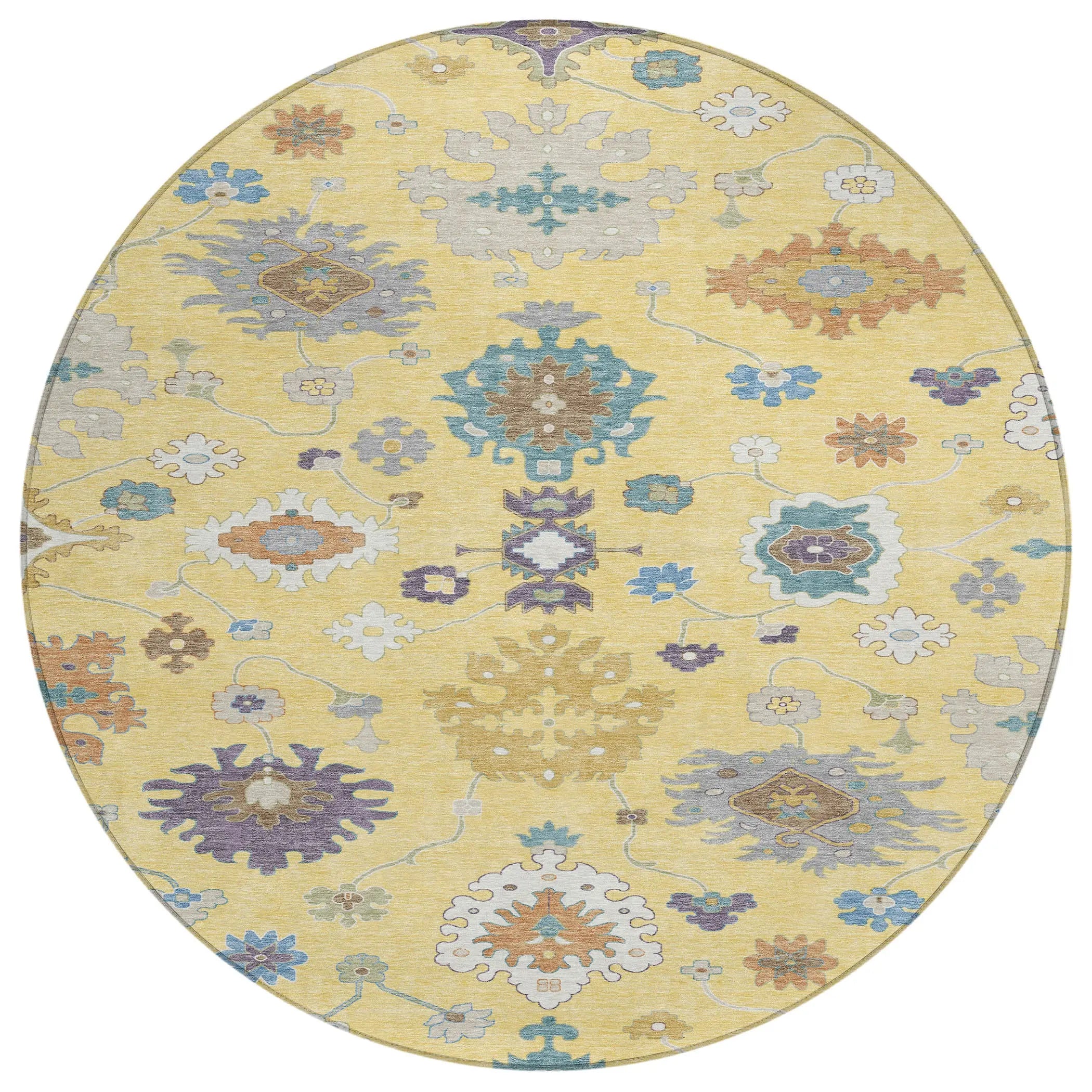8' Yellow And Teal Blue Round Oriental Washable Indoor Outdoor Area Rug Homeroots Outdoor