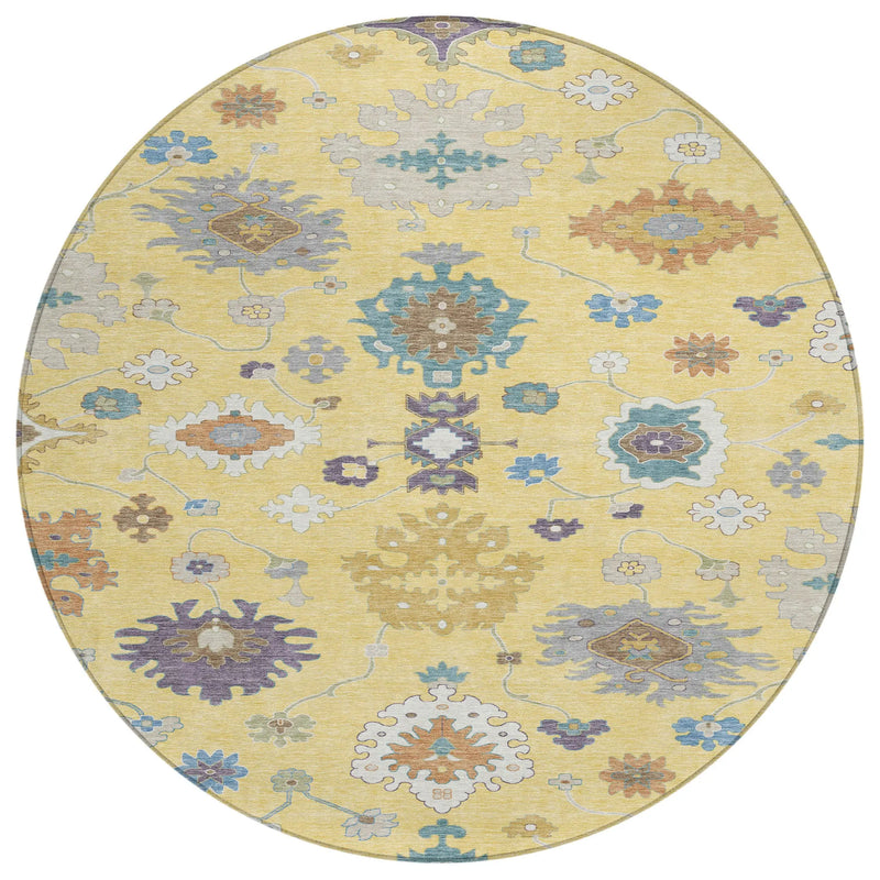 8' Yellow And Teal Blue Round Oriental Washable Indoor Outdoor Area Rug Homeroots Outdoor