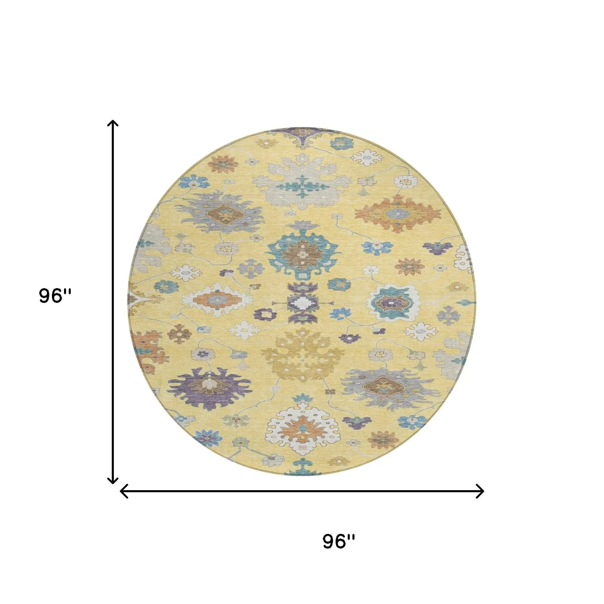 8' Yellow And Teal Blue Round Oriental Washable Indoor Outdoor Area Rug Homeroots Outdoor