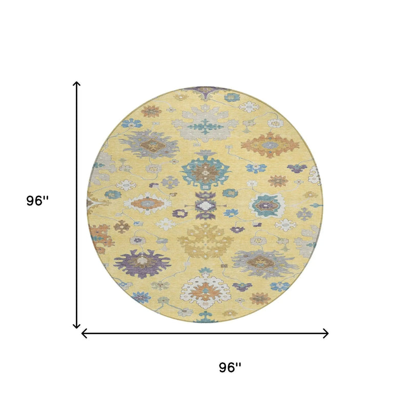 8' Yellow And Teal Blue Round Oriental Washable Indoor Outdoor Area Rug Homeroots Outdoor