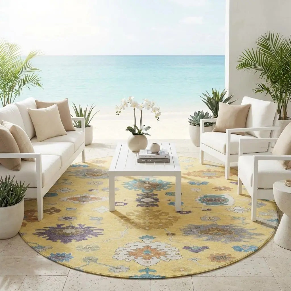 8' Yellow And Teal Blue Round Oriental Washable Indoor Outdoor Area Rug Homeroots Outdoor