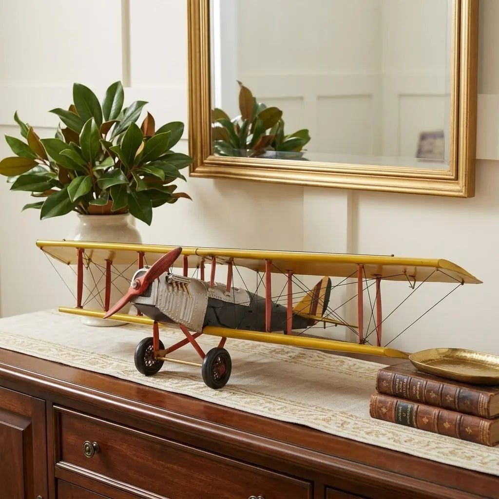 8" Yellow Red And Gray Metal Hand Painted Air Plane Homeroots Home Decor