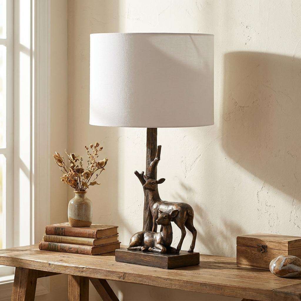 20" Bronze Mom and Baby Deer Table Lamp With White Drum Shade - Lighting