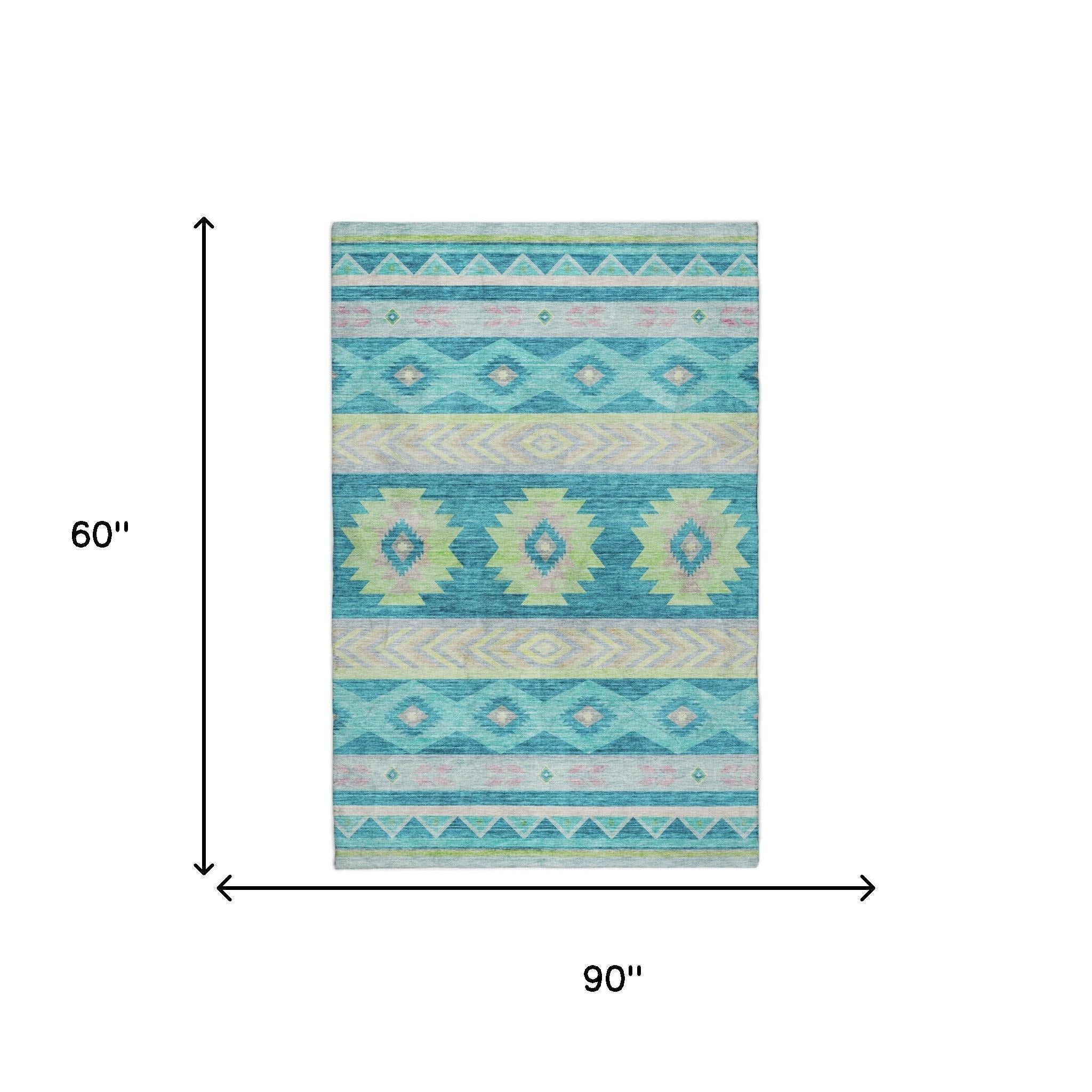 5' X 8' Teal And Lime Green Geometric Shag Washable Area Rug With UV Protection - Home & Garden