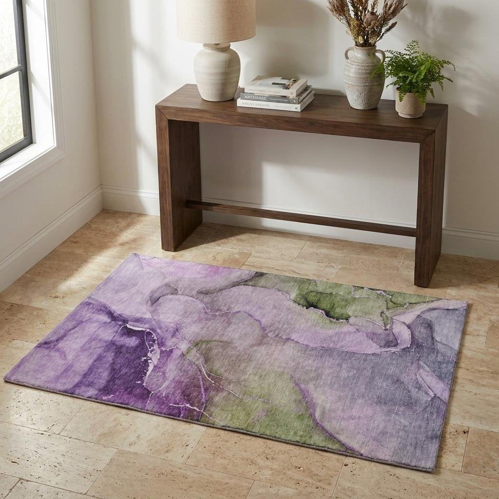 3' X 5' Purple And Lavender Abstract Shag Washable Area Rug With UV Protection - Home & Garden