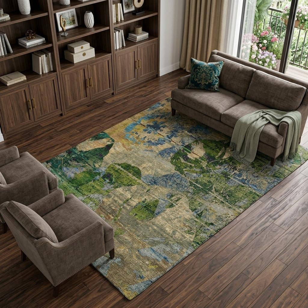 10' X 14' Taupe And Olive Green Abstract Shag Washable Area Rug With UV Protection - Home & Garden