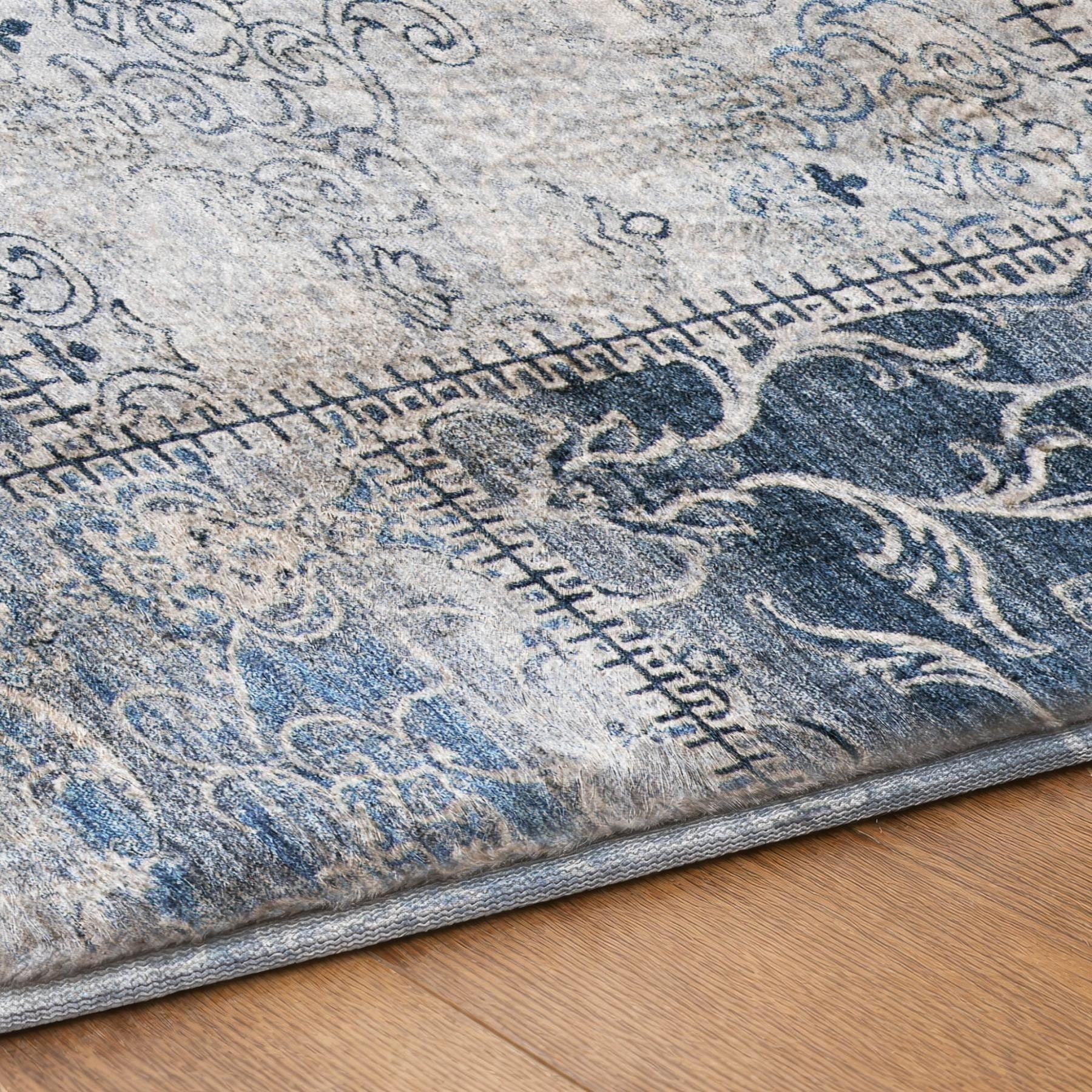 10' X 14' Denim Blue And Blue Floral Shag Washable Area Rug With UV Protection - Home & Garden