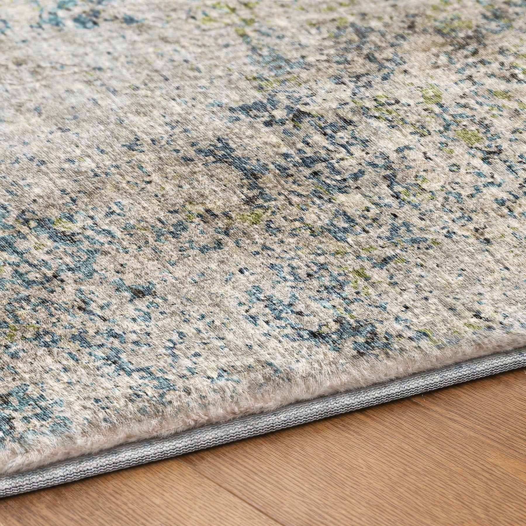 3' X 5' Green And Navy Blue Abstract Shag Washable Area Rug With UV Protection - Home & Garden