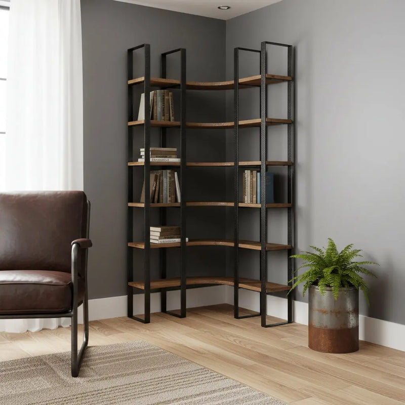90" Black And Brown Iron and Wood Six Tier Bookcase - GreatEagleInc