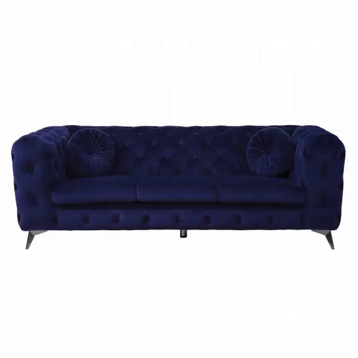 90" Blue Velvet Chesterfield Sofa With Silver Legs Homeroots Living Room