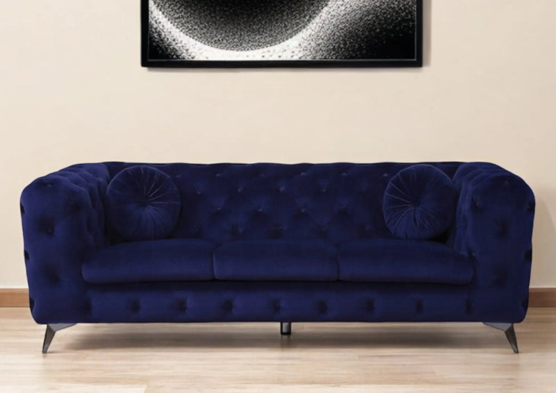 90" Blue Velvet Chesterfield Sofa With Silver Legs Homeroots Living Room