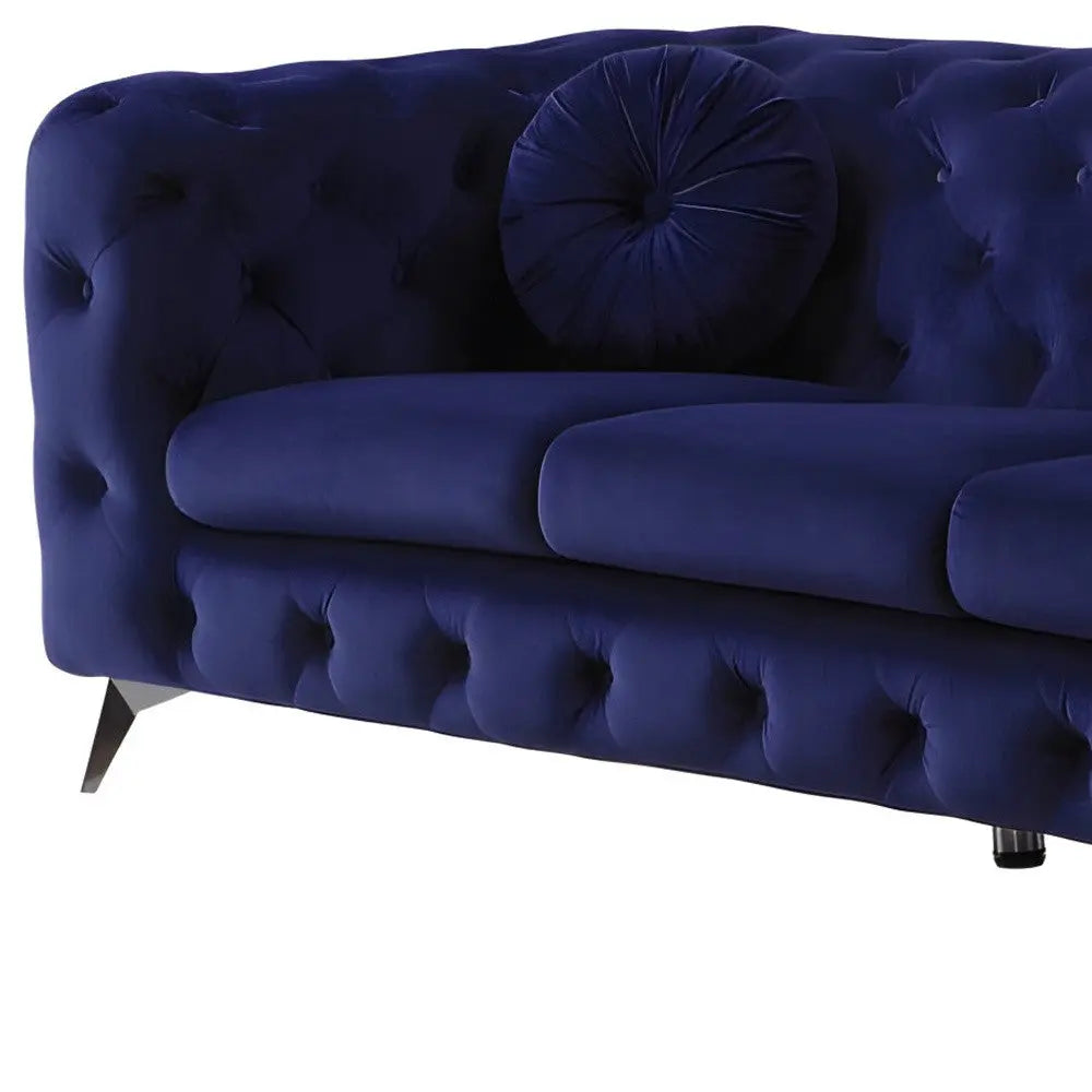 90" Blue Velvet Chesterfield Sofa With Silver Legs Homeroots Living Room