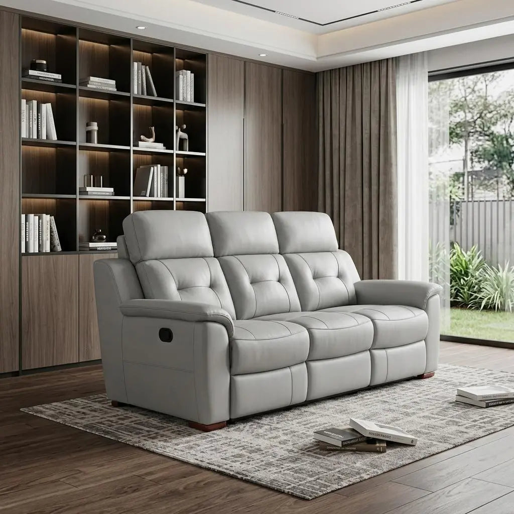 90" Gray Faux Leather Reclining Sofa With Brown Legs Homeroots Living Room