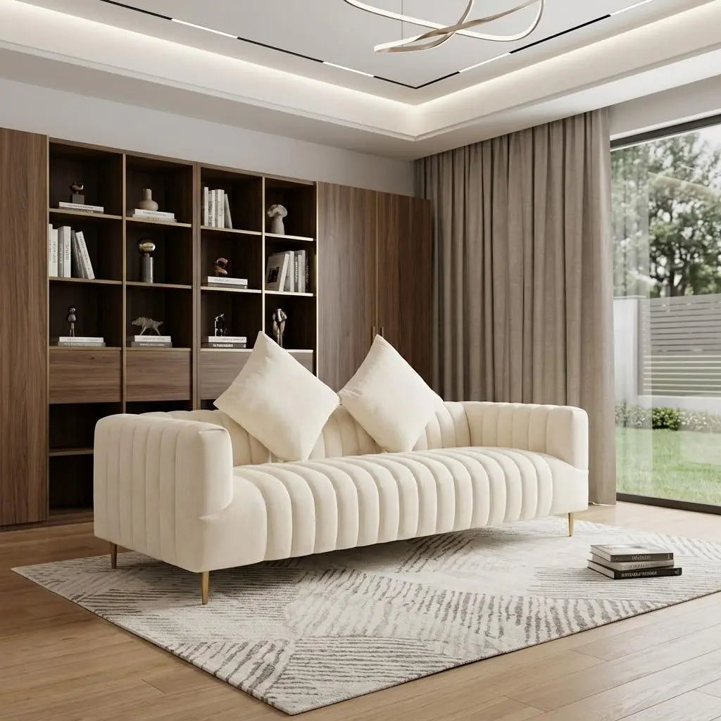 90" Ivory Velvet Sofa And Toss Pillows With Gold Legs Homeroots Living Room