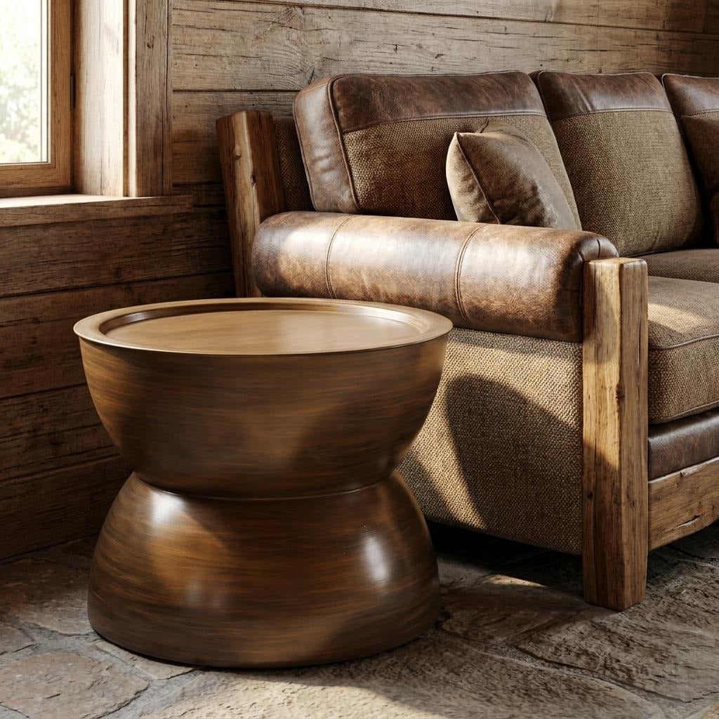24" Antiqued Bronze Distressed Iron Round Hourglass End Table - Living Room