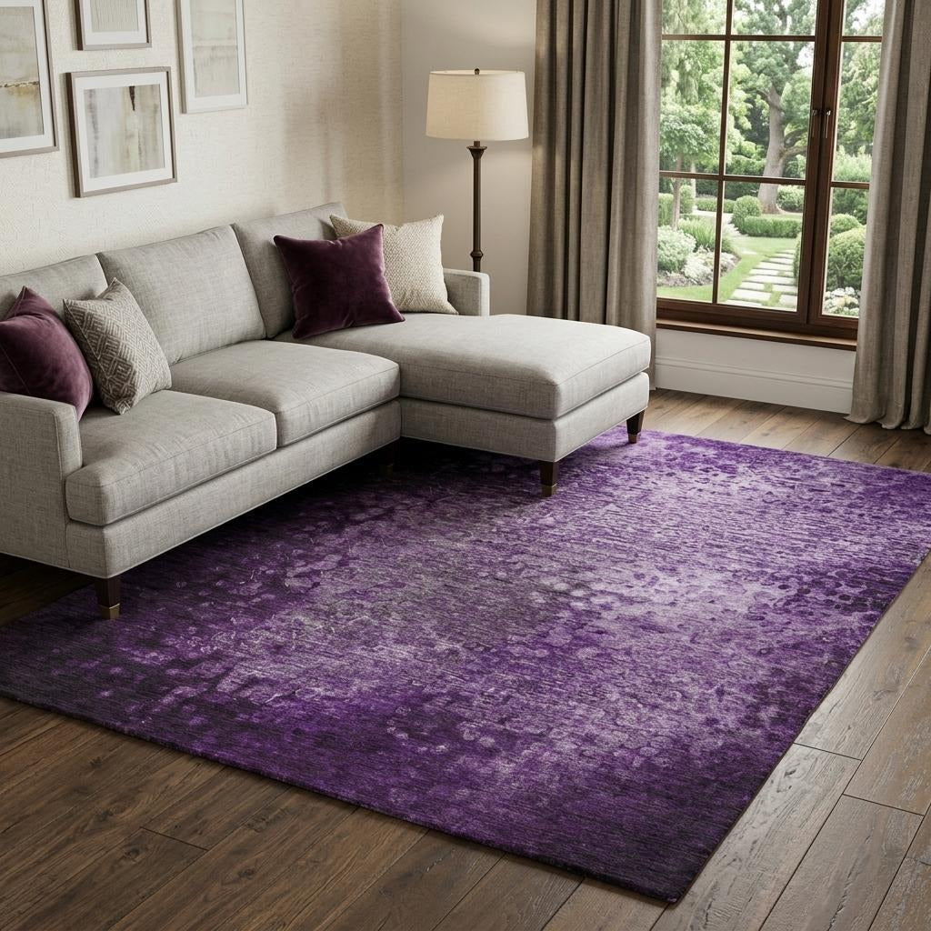 10' X 14' Purple And Ivory Abstract Shag Washable Area Rug With UV Protection - Home & Garden