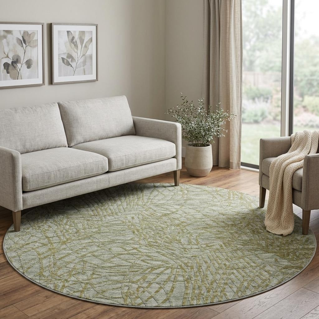 8' Sage And Olive Green Abstract Shag Washable Round Rug With UV Protection - Home & Garden