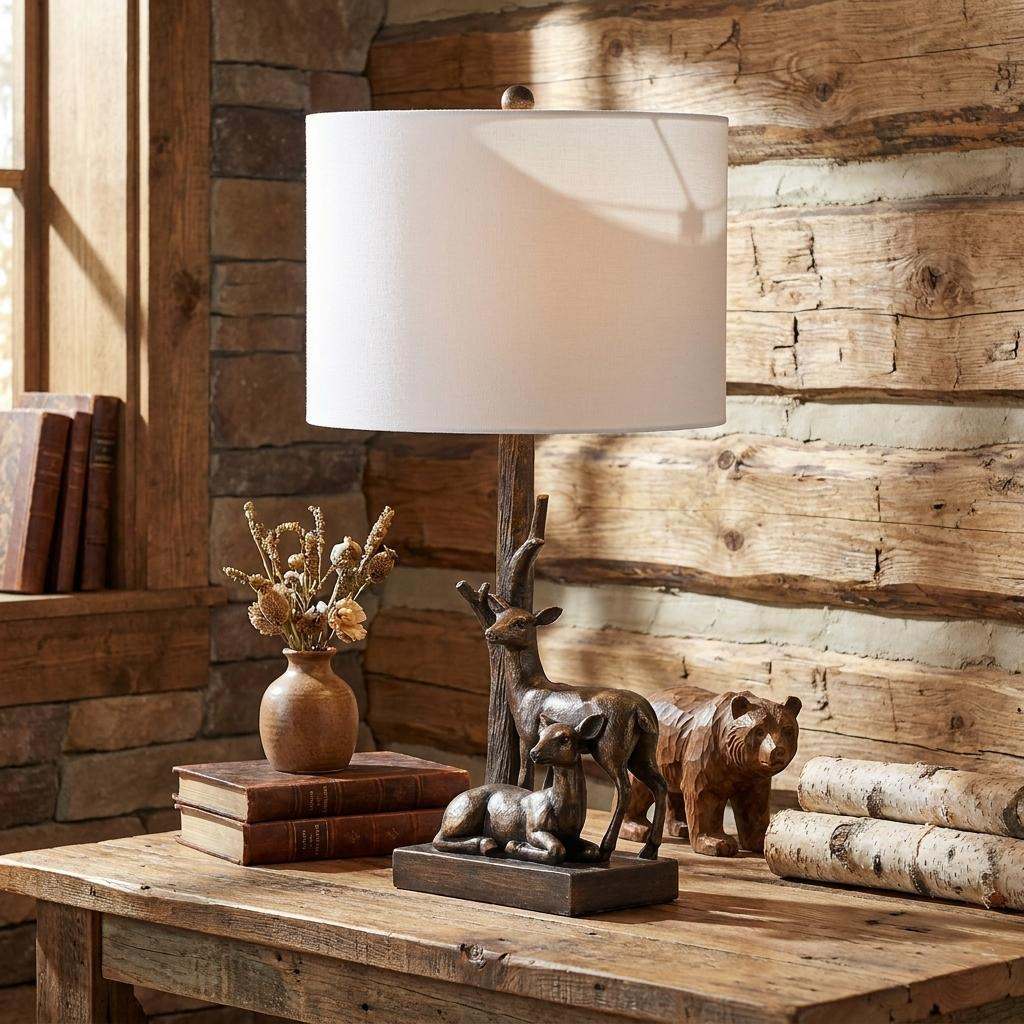 20" Bronze Mom and Baby Deer Table Lamp With White Drum Shade - Lighting