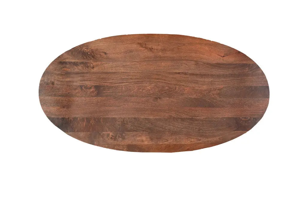 Oval walnut wood dining table with a rich, dark brown finish, showcasing a smooth, elegant surface.