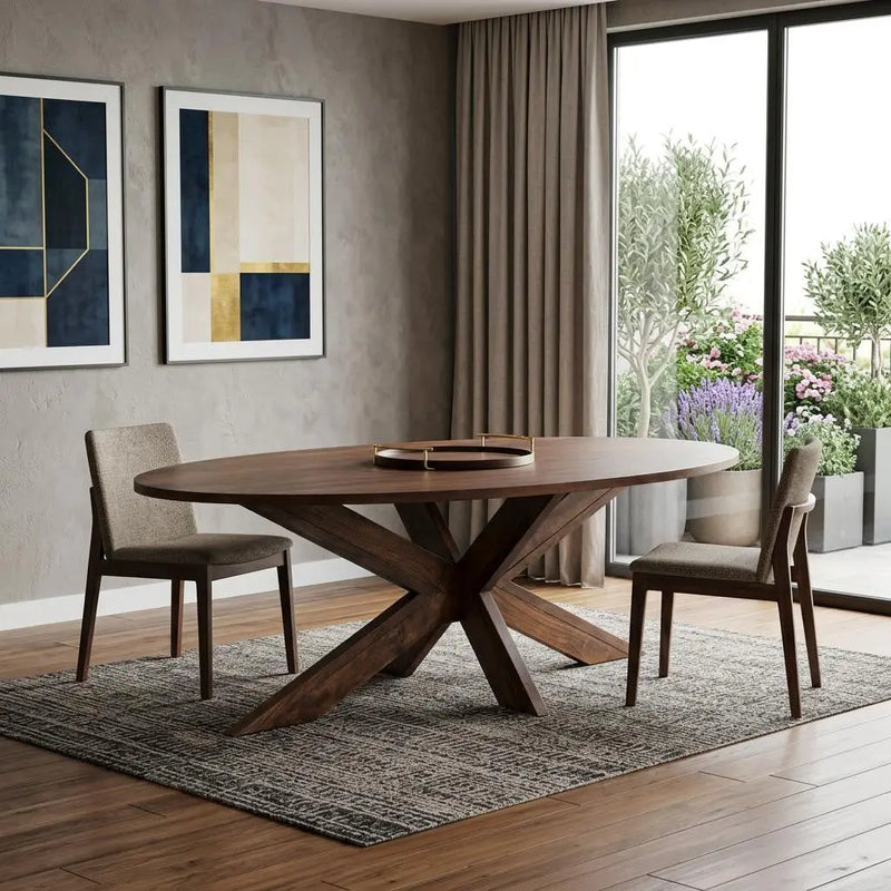 Elegant walnut round dining table with a modern star base and two upholstered beige chairs in a stylish setting.