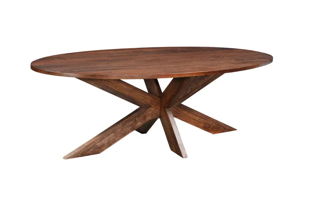 Round wooden dining table with a rich walnut finish and unique star-shaped base in rustic contemporary style.