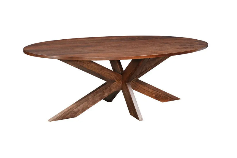 Round wooden dining table with a rich walnut finish and unique star-shaped base in rustic contemporary style.