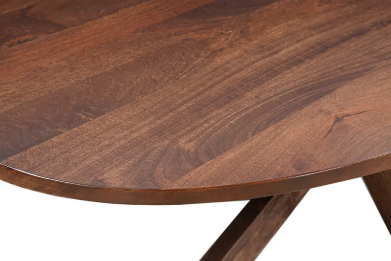 Round wooden dining table in rich brown finish, crafted from solid wood with a smooth surface and sleek design.