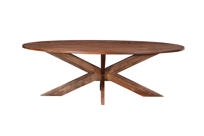 Round brown wooden dining table with a modern X-shaped base, ideal for contemporary decor.
