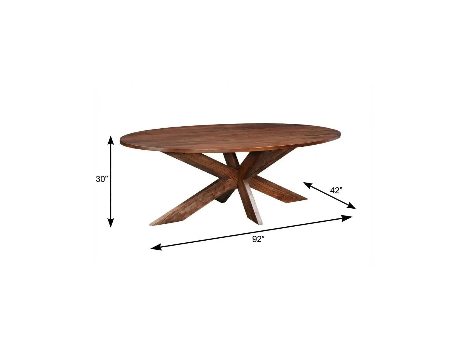 Round walnut dining table with a unique, cross-legged design, measuring 30” high, 42” wide, and 92” long.