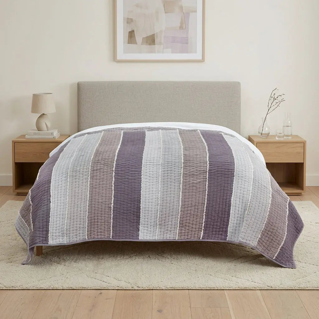 92" X 106" Cream Gray And Pale Purple Striped Cotton Quilt Homeroots Bed & Bath