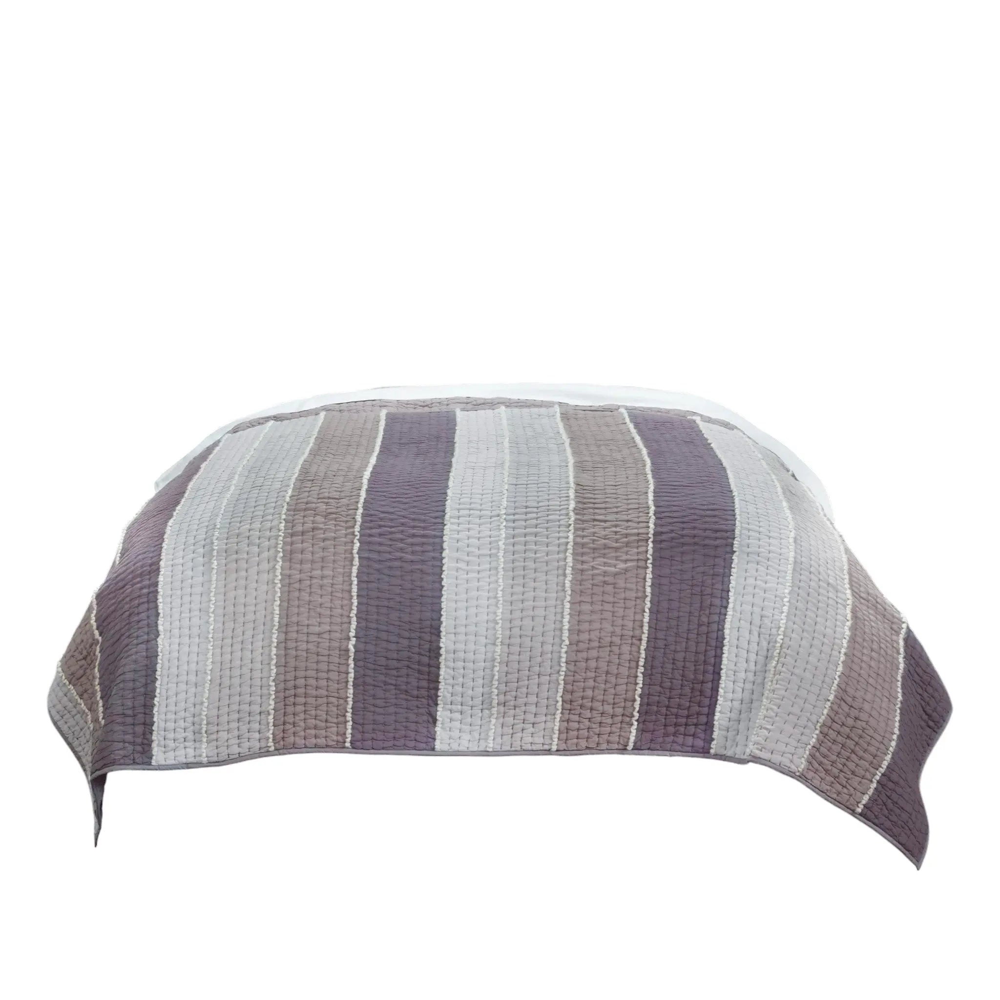 92" X 106" Cream Gray And Pale Purple Striped Cotton Quilt Homeroots Bed & Bath