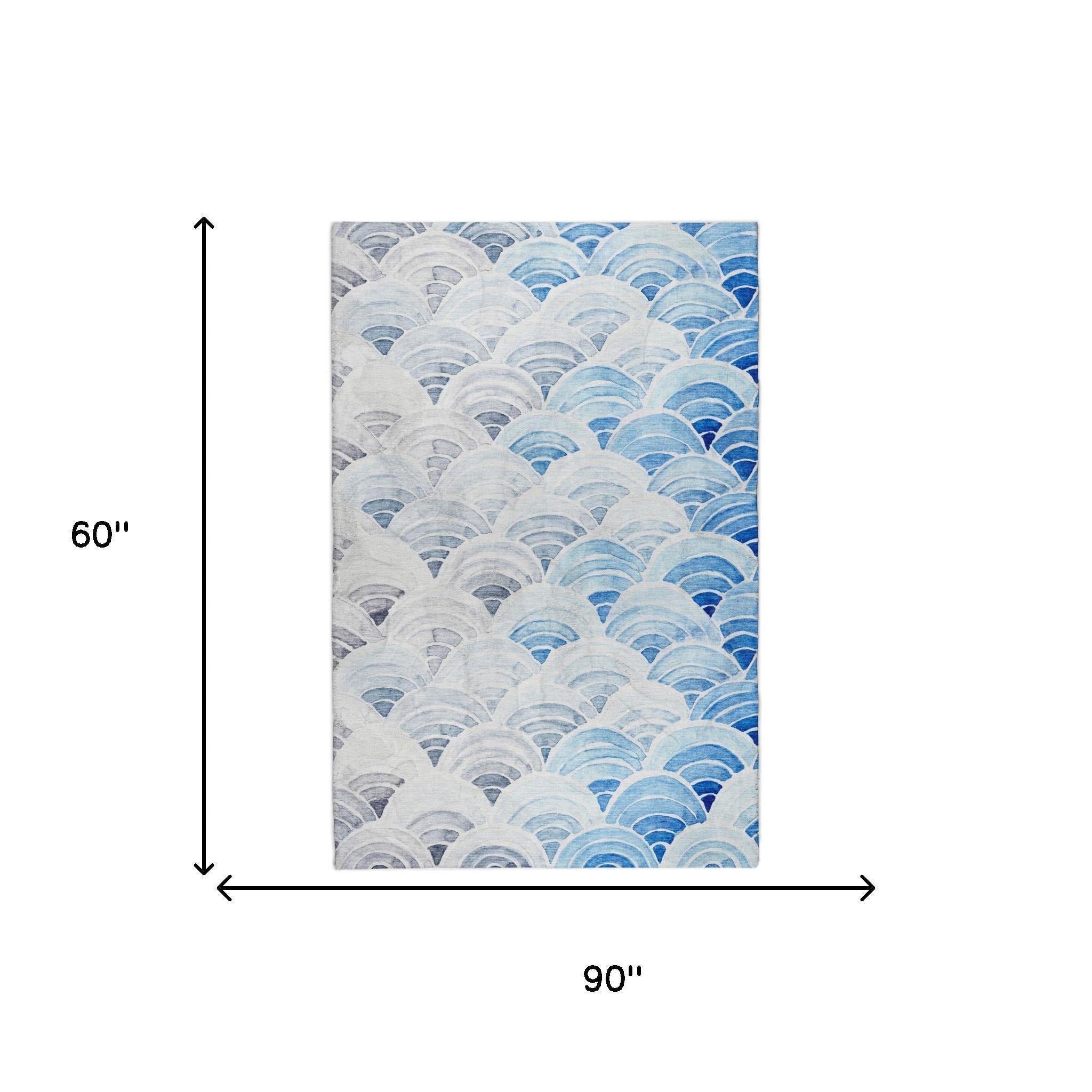 5' X 8' Blue And Denim Blue Geometric Shag Washable Area Rug With UV Protection - Home & Garden