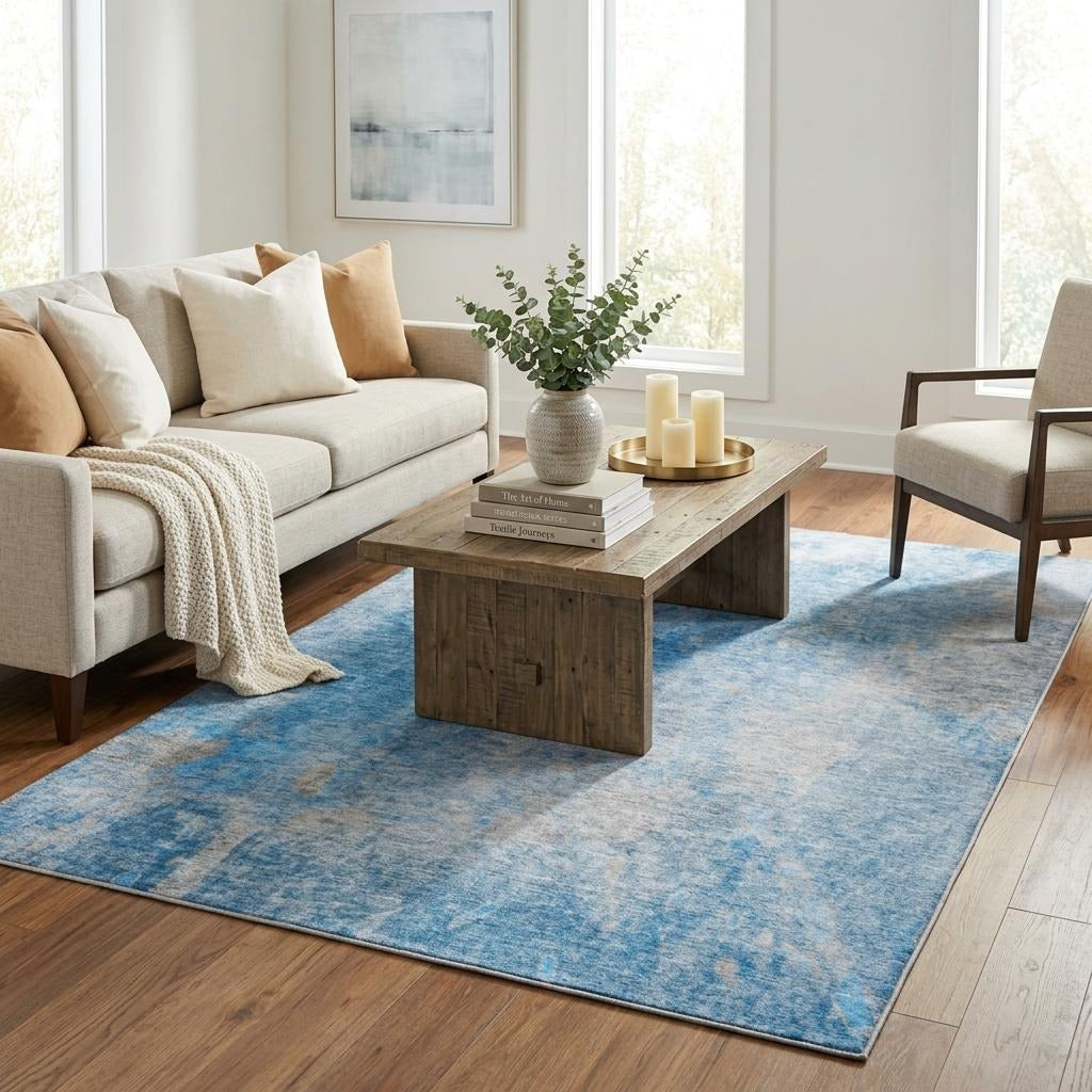 5' X 8' Blue And Denim Blue Abstract Shag Washable Area Rug With UV Protection - Home & Garden