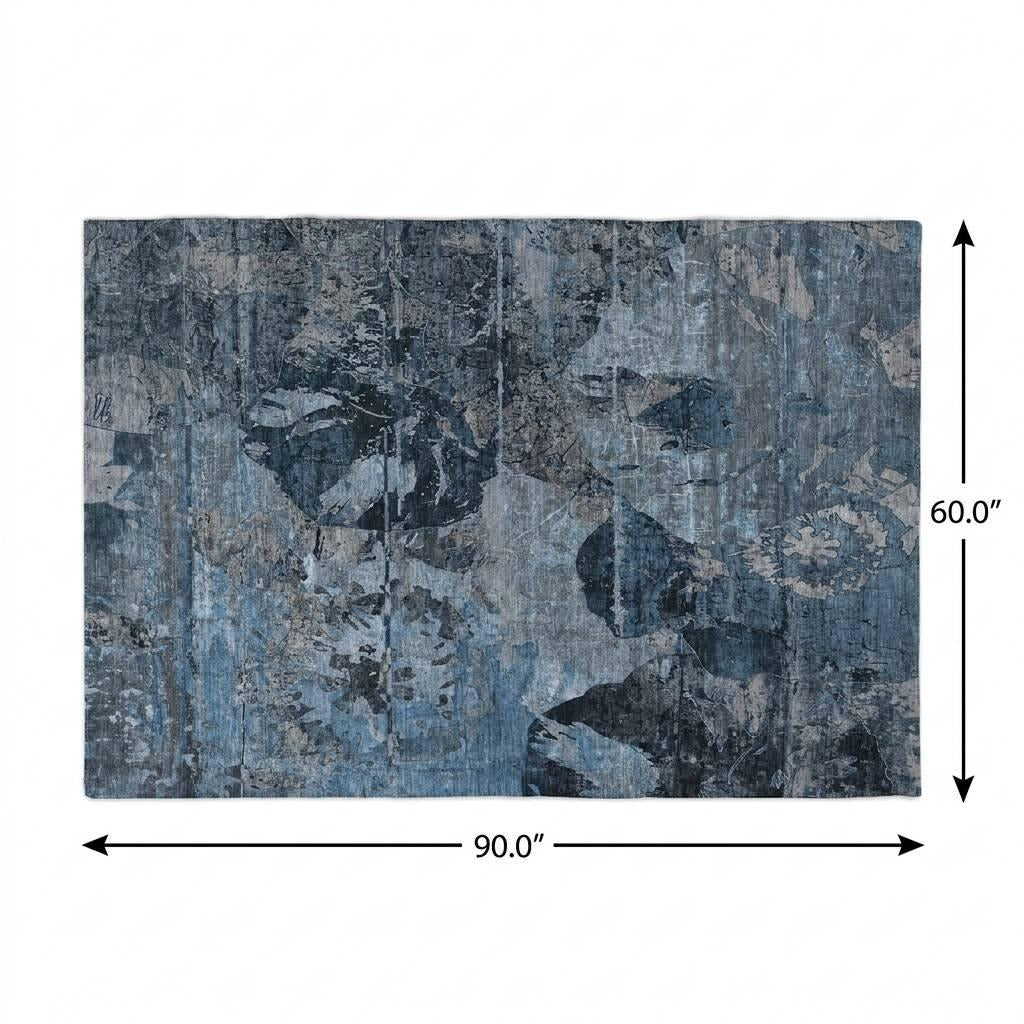 5' X 8' Denim Blue And Navy Blue Abstract Shag Washable Area Rug With UV Protection - Home & Garden